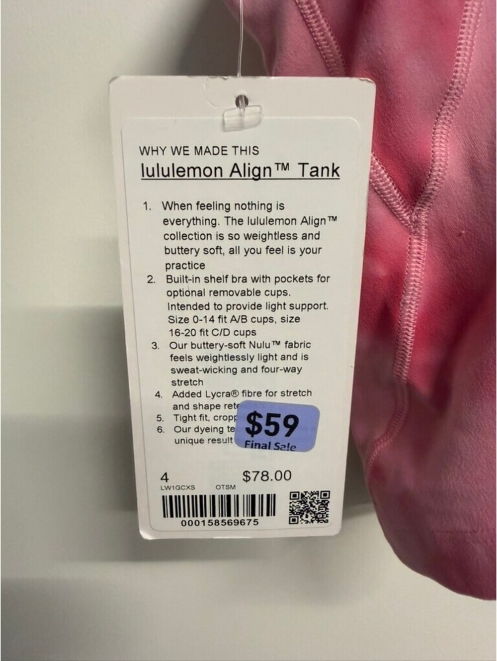 Brand New Lululemon Women's Align Tank - Cotton Candy Pink Size 4 - Picture 3 of 3